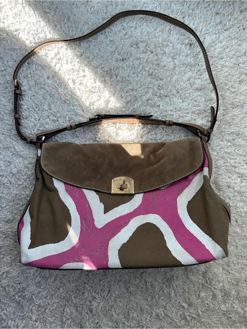Sergio Rossi Brown Canvas Shoulder Bag with Pink and White Graphic Print